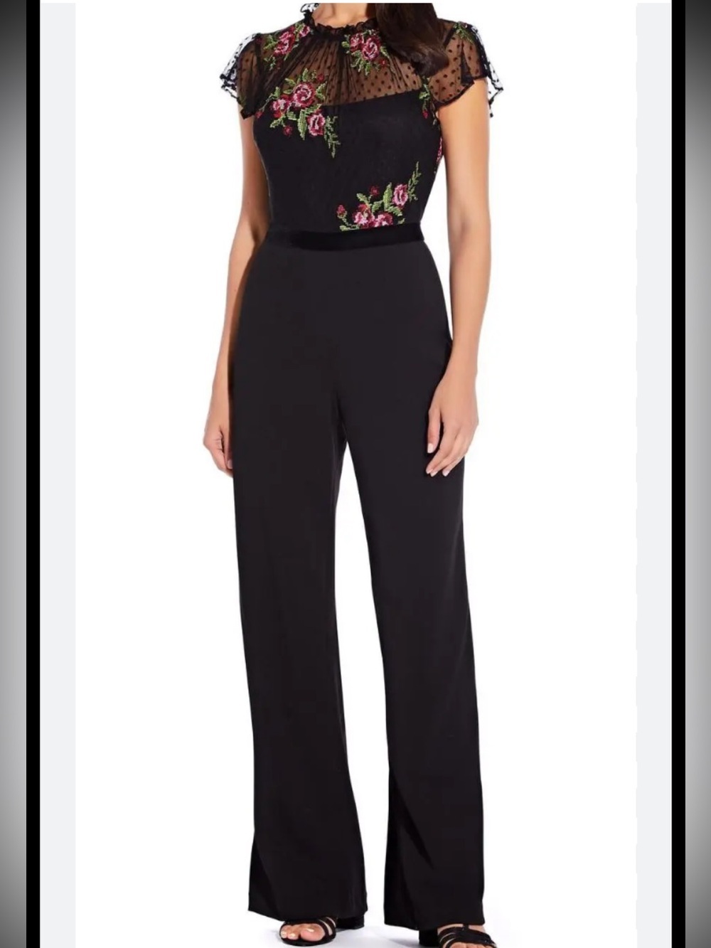 Adrianna Papell Black Jumpsuit sheer yoke Pink & Green Floral Embroidery, size 8